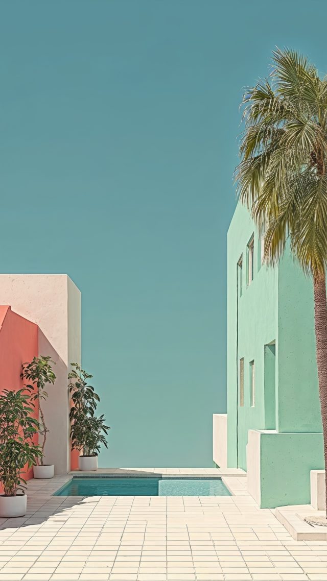 palm trees wallpaper, tropical palms, coastal village, background for mobile wallpaper (vertical)