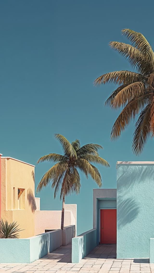 warm weather wallpaper, vibrant aesthetics, tropical architecture, background for mobile wallpaper (vertical)