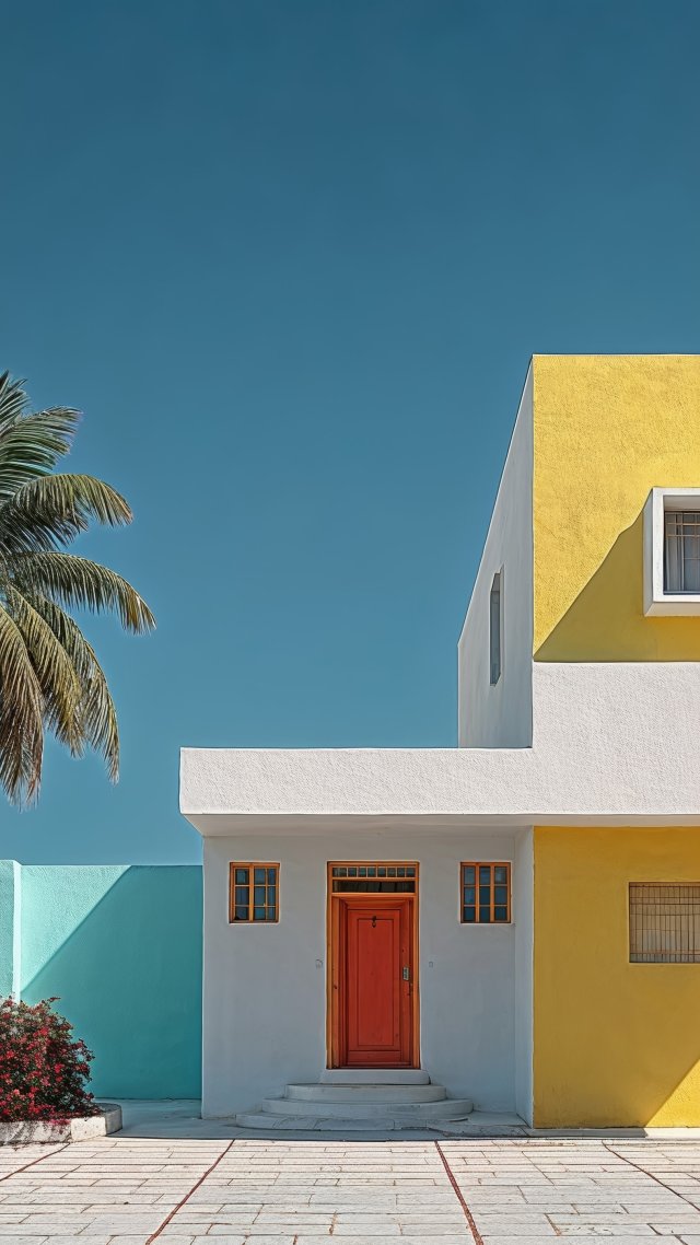 island aesthetic wallpaper, oceanfront homes, sunny days, background for mobile wallpaper (vertical)