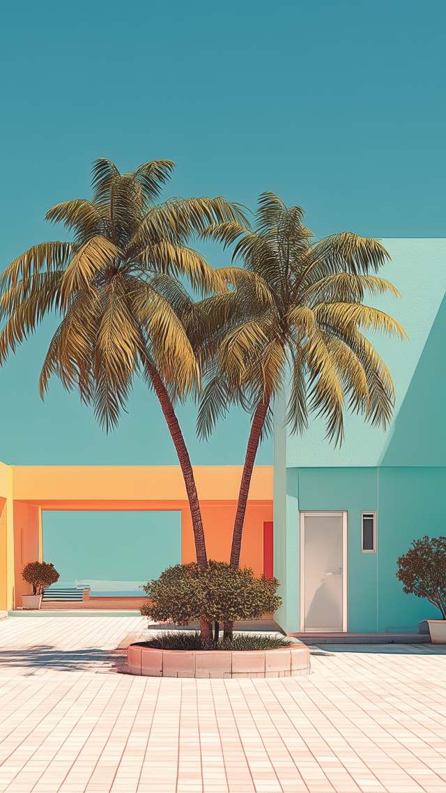 blue skies wallpaper, colorful architecture, sunny landscape, background for mobile wallpaper (vertical)