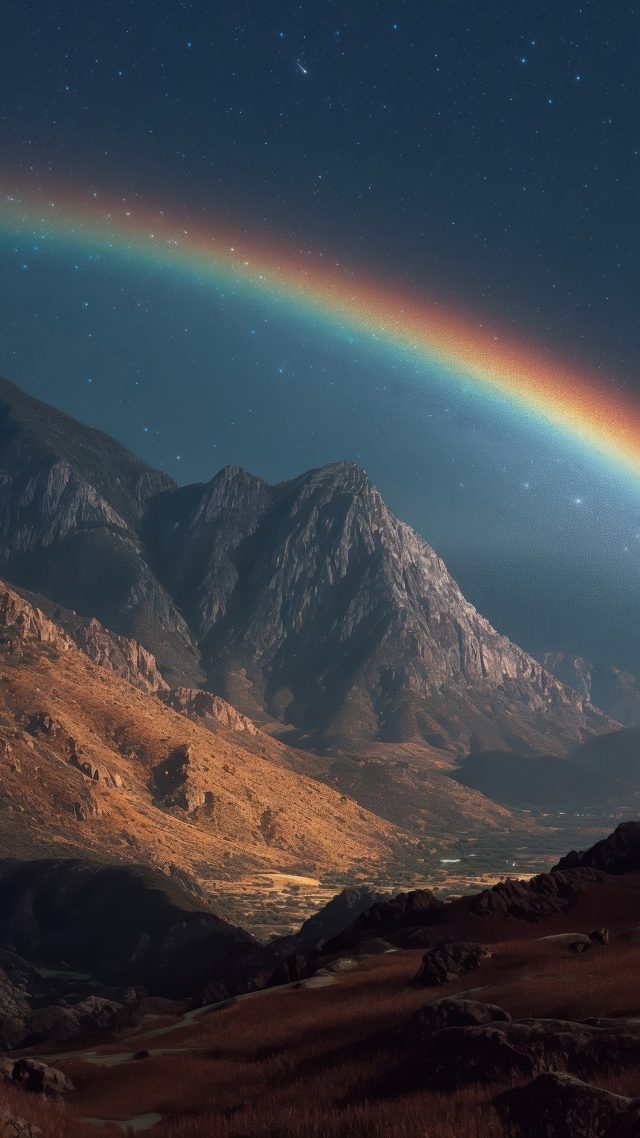 atmospheric landscape wallpaper, rainbow sky, celestial beauty, background for mobile wallpaper (vertical)