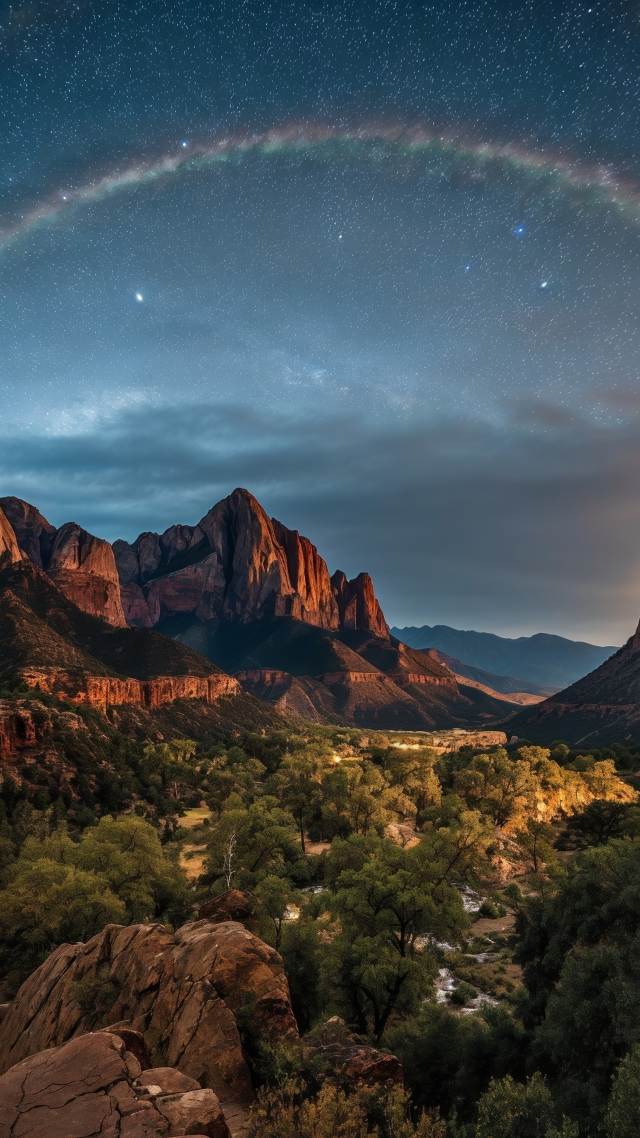 atmospheric colors wallpaper, nighttime stars, rainbow aura, background for mobile wallpaper (vertical)