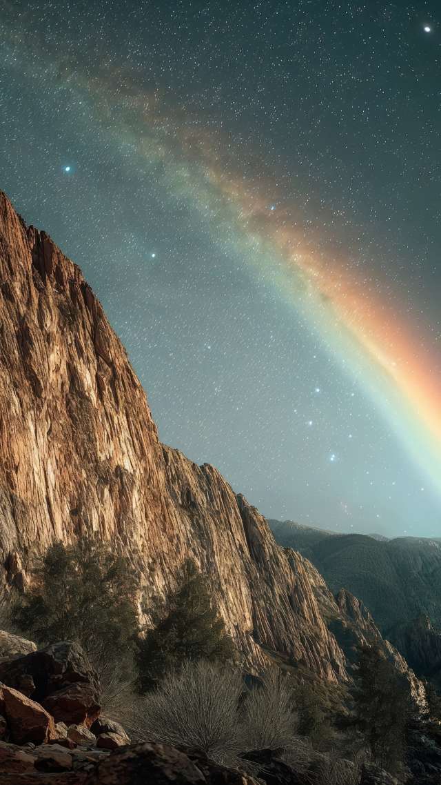 atmospheric art wallpaper, nighttime landscape, canyon sunset, background for mobile wallpaper (vertical)