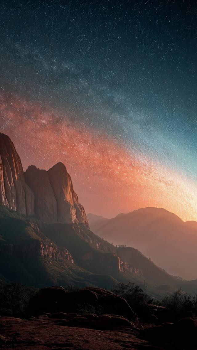 celestial colors wallpaper, volumetric light, nighttime landscape, background for mobile wallpaper (vertical)