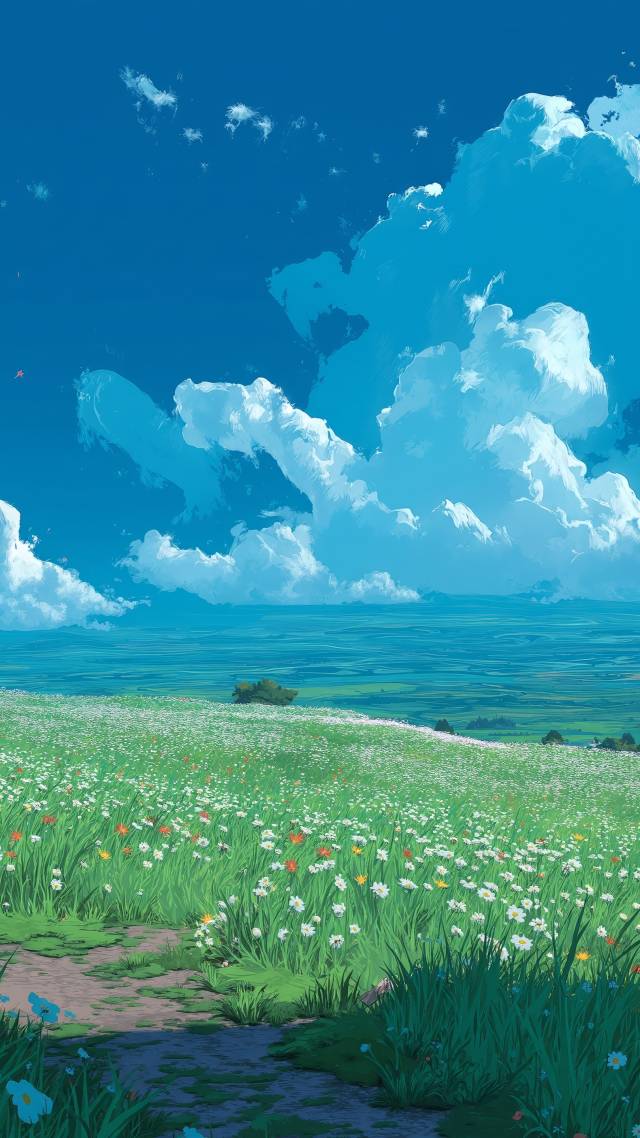 meadow flowers wallpaper, blue skies, fresh blooms, background for mobile wallpaper (vertical)
