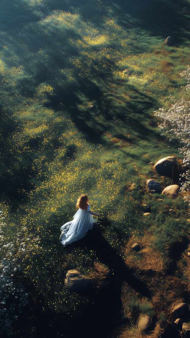 spring landscape wallpaper, green growth, woman in nature, background for mobile wallpaper (vertical)