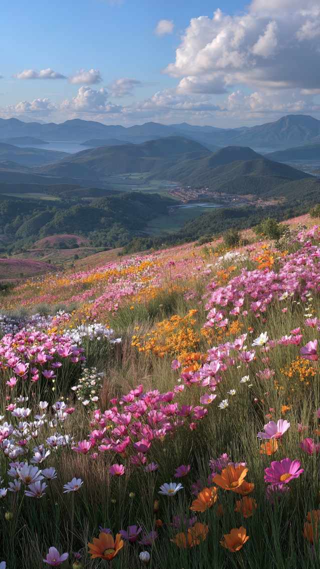 colorful blooms wallpaper, green growth, fresh greenery, background for mobile wallpaper (vertical)