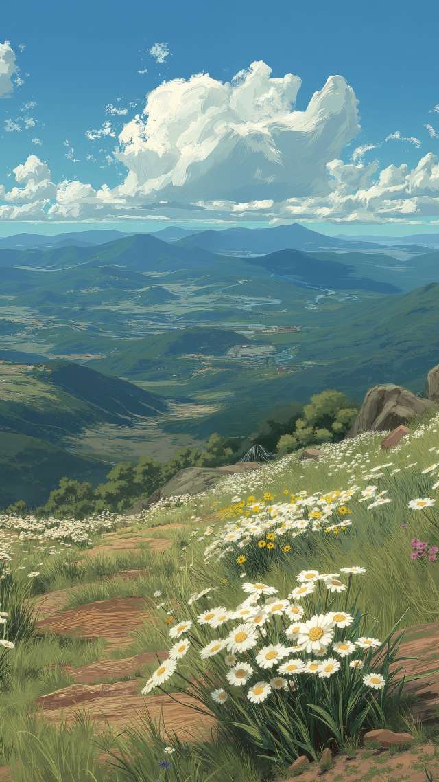 flower season wallpaper, blue skies, garden views, background for mobile wallpaper (vertical)