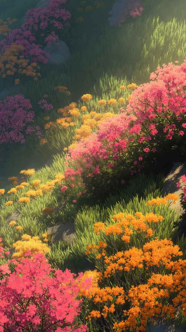 spring scenery wallpaper, floral landscape, bright meadows, background for mobile wallpaper (vertical)