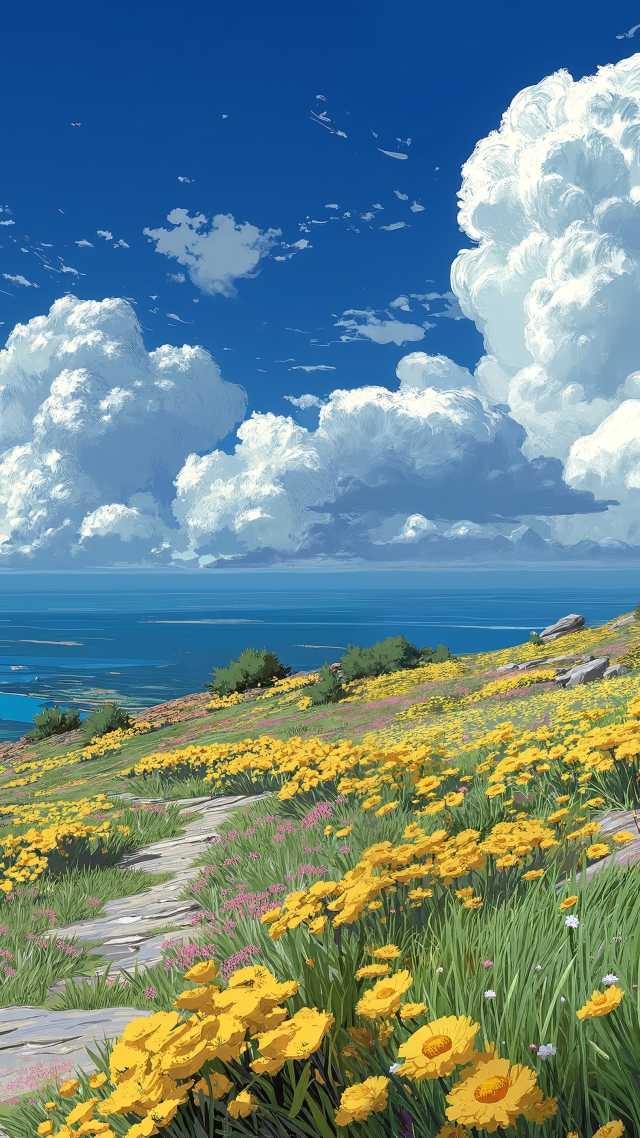 colorful fields wallpaper, renewal, blue skies, background for mobile wallpaper (vertical)