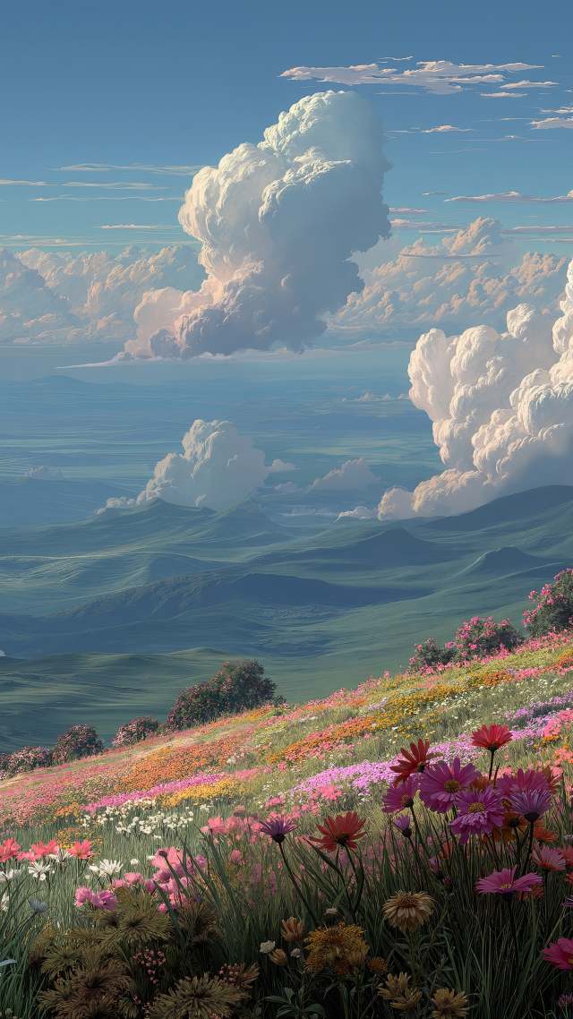 renewal wallpaper, colorful blossoms, fresh greenery, background for mobile wallpaper (vertical)