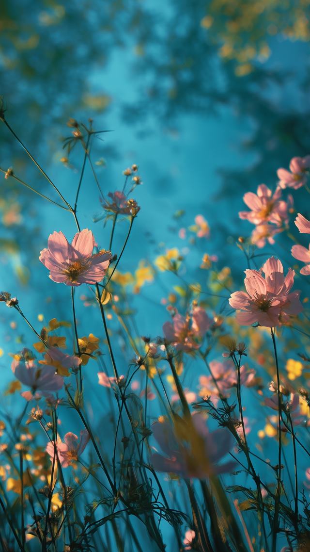 floral landscapes wallpaper, wildflower meadow, flower close-up, background for mobile wallpaper (vertical)