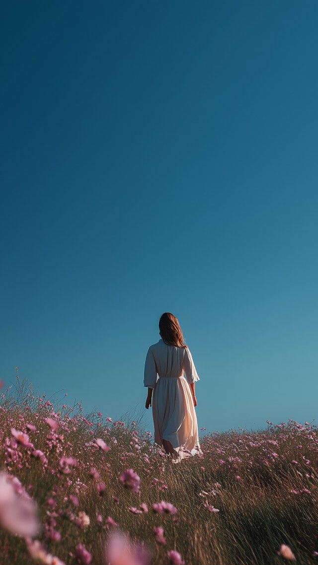 woman in nature wallpaper, floral backdrop, fresh blooms, background for mobile wallpaper (vertical)