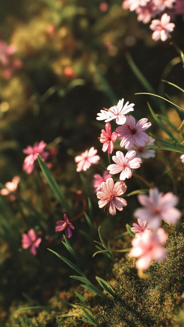 colorful spring wallpaper, wildflowers, warm sunlight, background for mobile wallpaper (vertical)