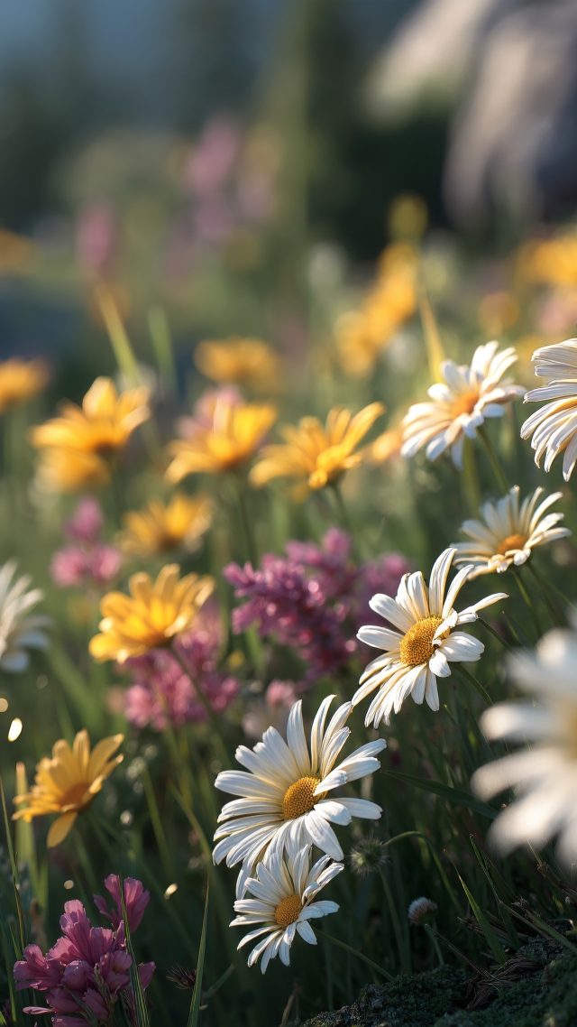 spring bloom wallpaper, wildflowers, warm sunlight, background for mobile wallpaper (vertical)