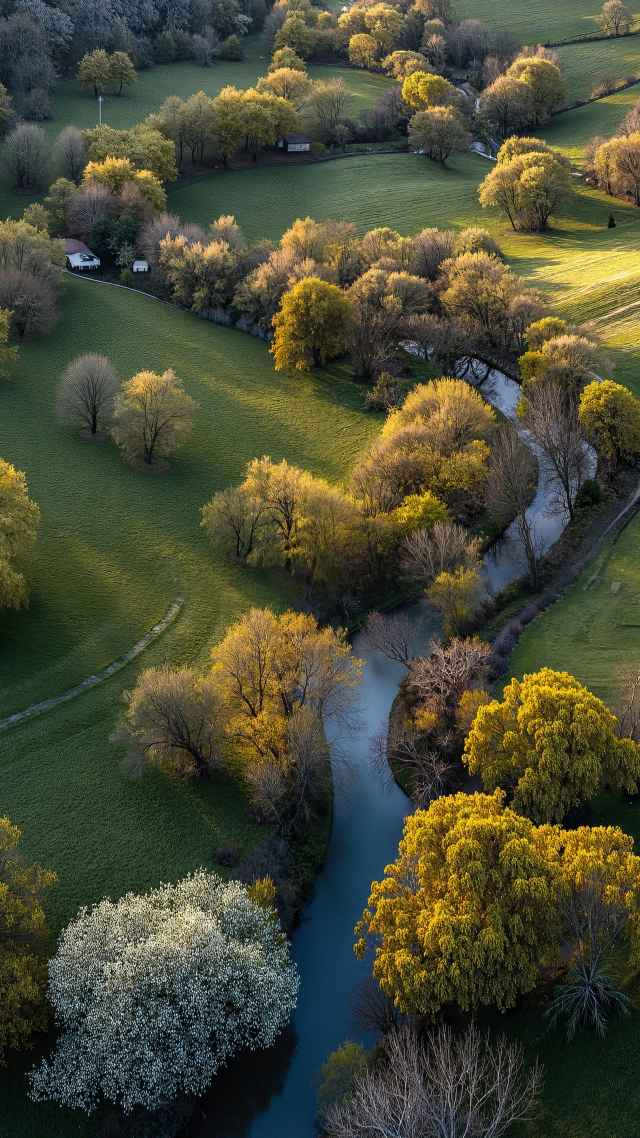 open fields wallpaper, aerial view, green hills, background for mobile wallpaper (vertical)