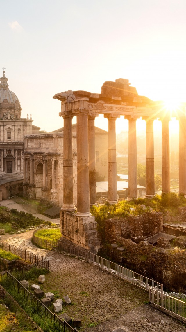 Forum Romanum, Rome, Italy, Templum Saturni, Arco di Settimio Severo, sun, rays, town, old, travel (vertical)