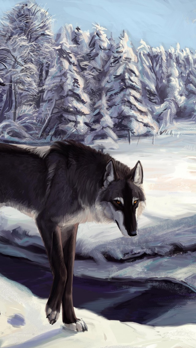 Wolf, winter, lake, sight, gray, white, forest, alone, art (vertical)