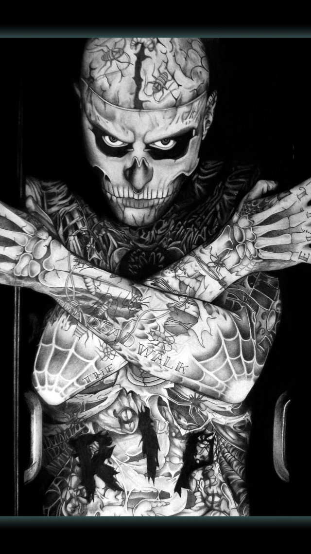 Rick Genest, Zombie Boy, model, tattoo, skeleton (vertical)