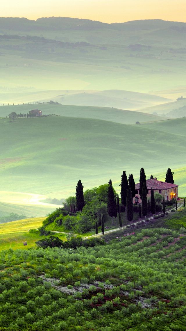 Tuscany, 4k, HD wallpaper, Italy, Hills, meadows, house, fog (vertical)
