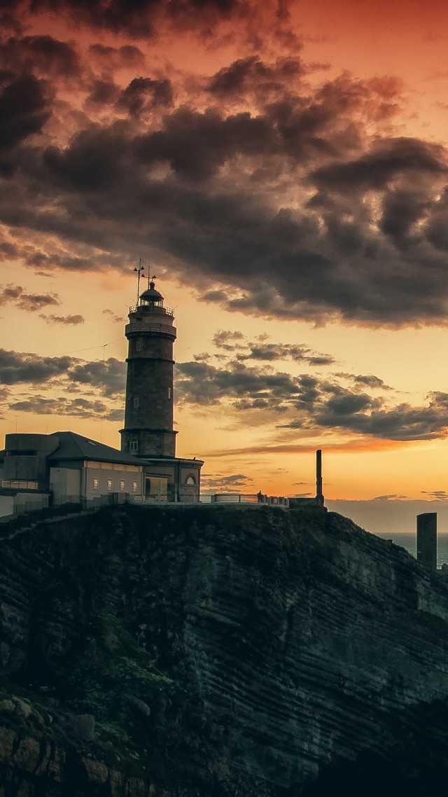 Lighthouse, HD, 4k wallpaper, rocks, sea, sunset (vertical)