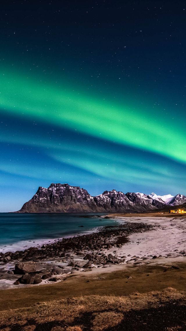Norway, 5k, 4k wallpaper, HD, Lofoten islands, Mountains, sea, shore, night, northern lights, stars (vertical)