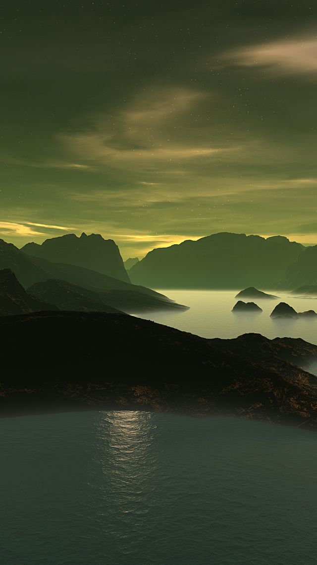3D, Mountains, lake, night, clouds (vertical)