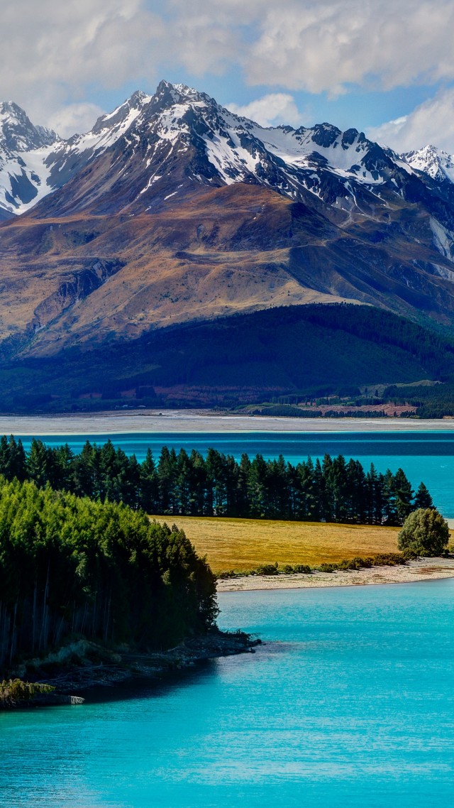 Lake Tekapo, 5k, 4k wallpaper, South Island, New Zealand, booking, rest, travel, mountains, sky, clouds, vacation (vertical)