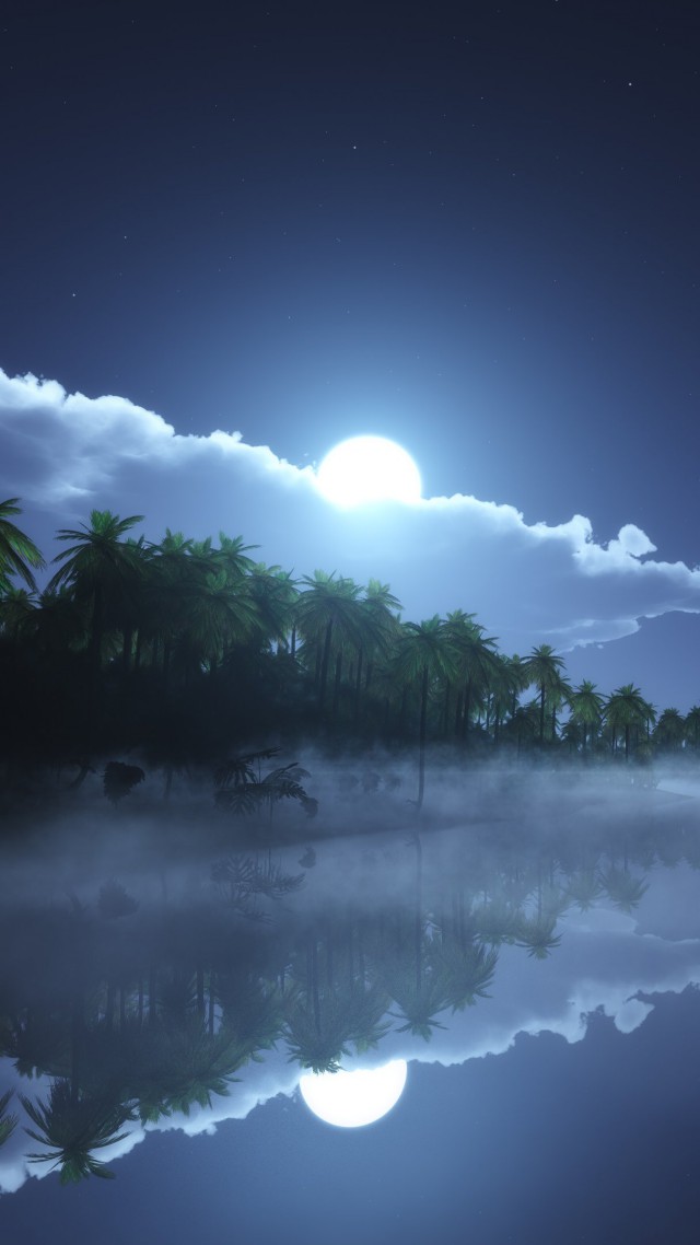 River, 4k, HD wallpaper, sea, palms, night, moon, clouds (vertical)