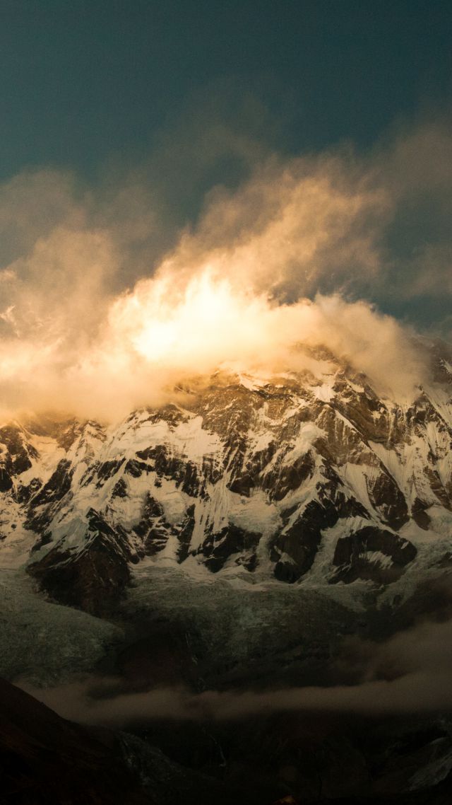 Annapurna, 5k, 4k wallpaper, Himalayas, Nepal, clouds, mountain, sunset (vertical)