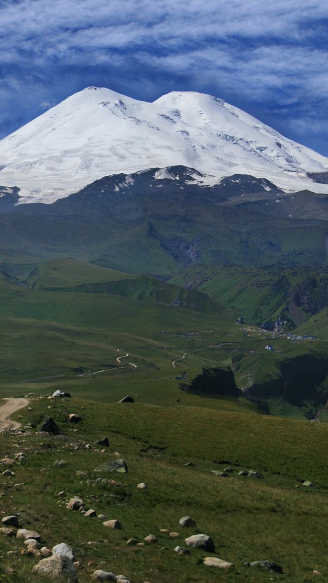 Elbrus, 5k, 4k wallpaper, Caucasus, mountains, volcano, sky, meadows (vertical)