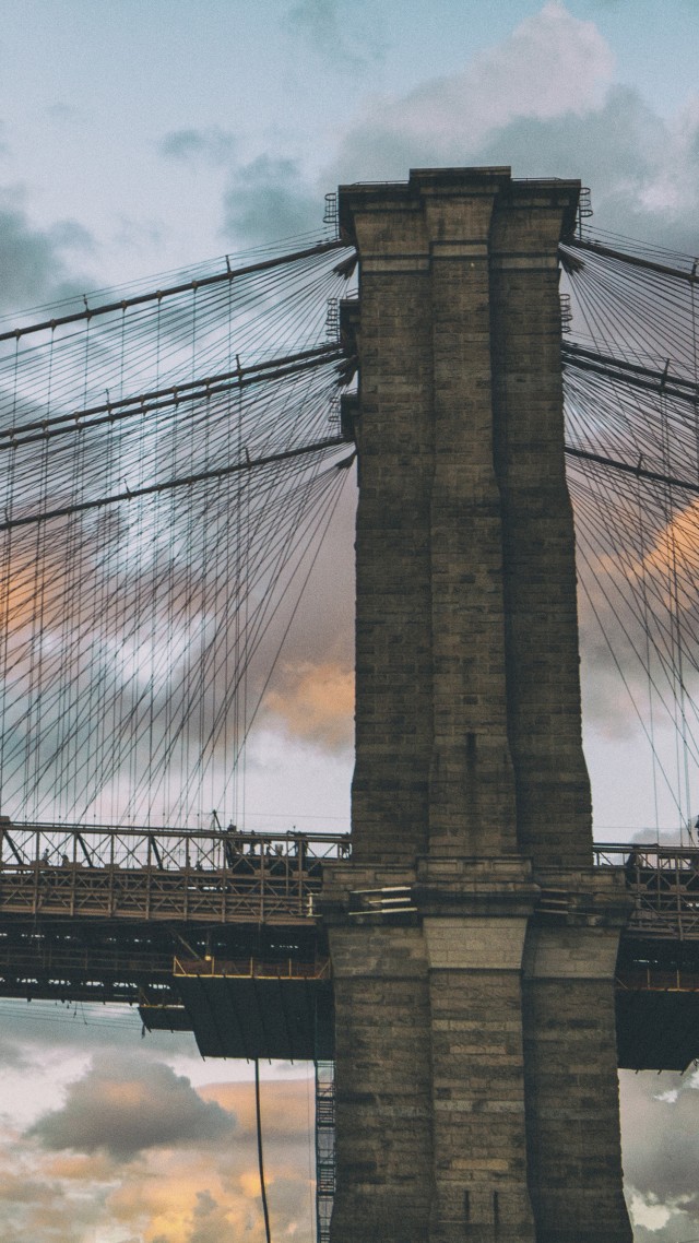 Brooklyn Bridge, New York, Dumbo in Brooklyn, clouds, sunset (vertical)