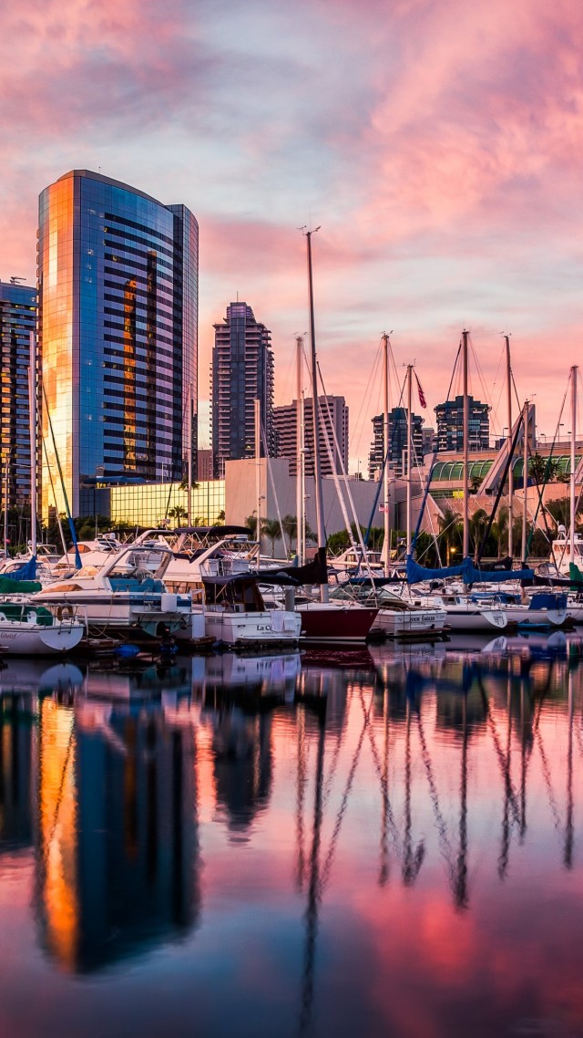 San Diego, harbor, Sunset, sunrise, water, reflections, city, travel (vertical)