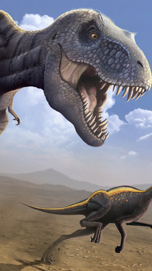 Tyrannosaurus, Ornithomimus, dinosaur, art (vertical)
