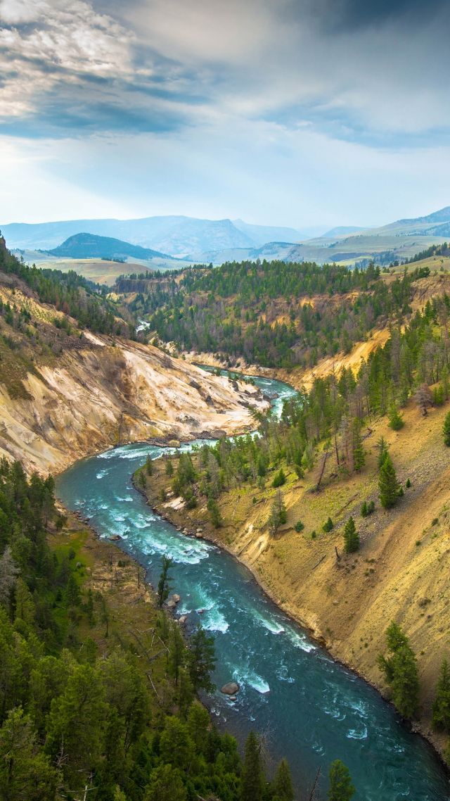 Yellowstone Landscape, 4k, 5k wallpaper, USA, river, travel, tourism (vertical)