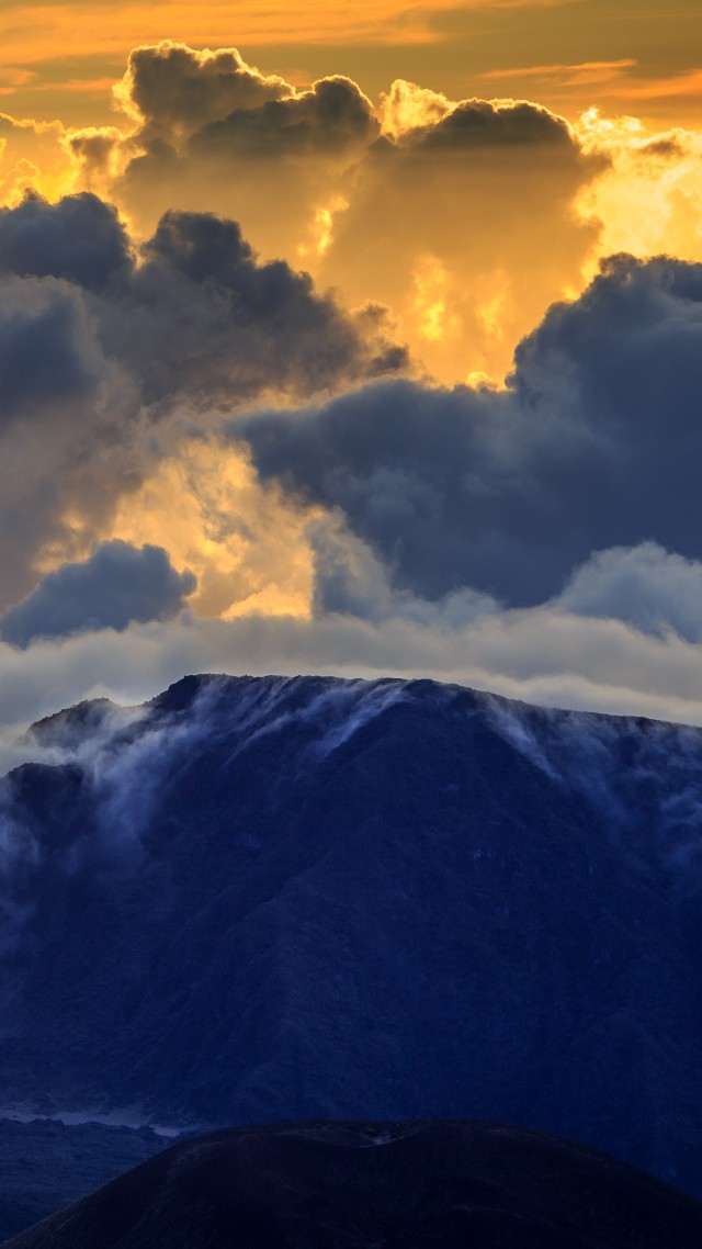 Haleakala, 4k, HD wallpaper, Maui, mountain, volcano, island, hawaii, clouds, sky, sunset, sunrise, amazing, blue (vertical)