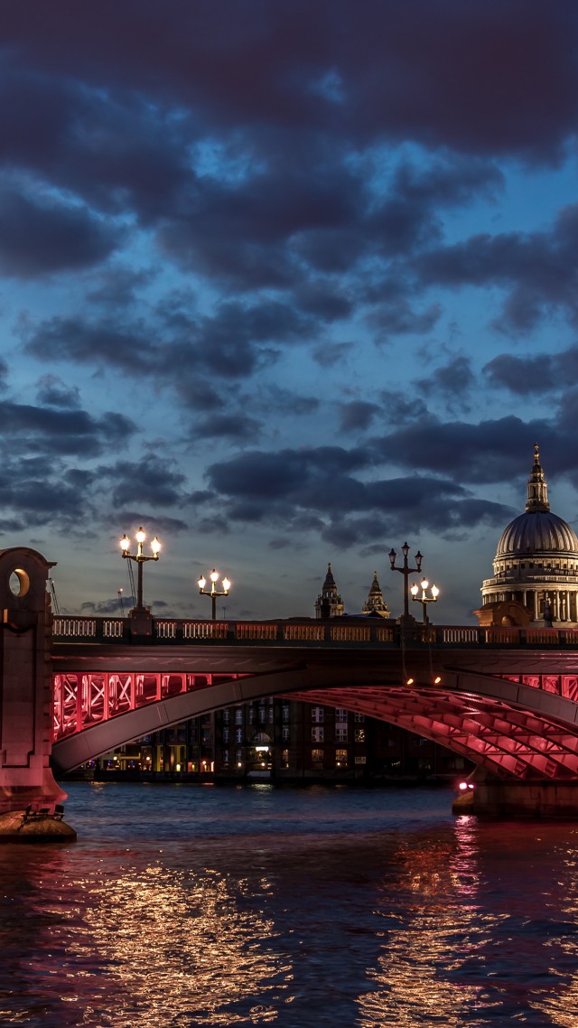 London, river Thames, St Paul, cathedral, water, night, clouds, sky, sunset, twilight, night, light, travel, vacation (vertical)