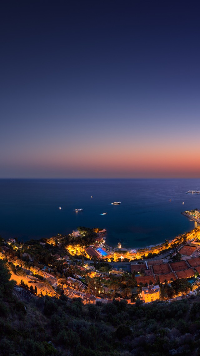 Principality, Monaco, Vista Palace Hotel, twilight, night, sky, light, boats, travel, vacation, booking, sea, ocean (vertical)