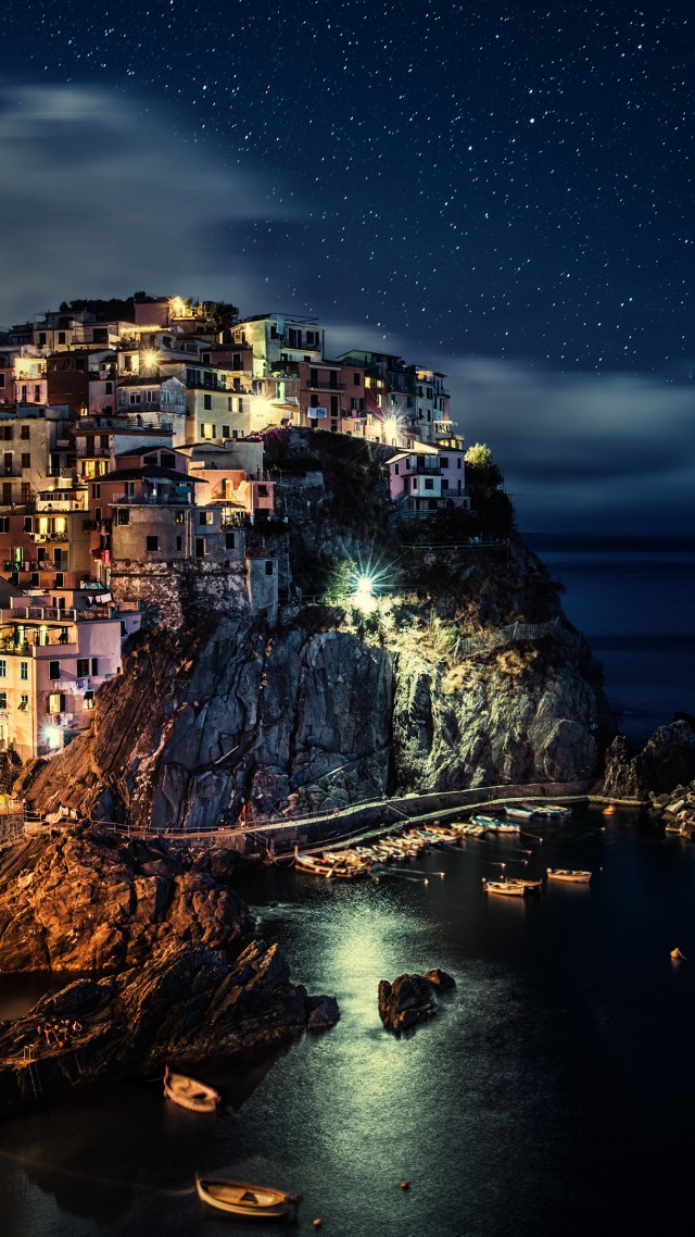 Manarola, Italy, Riomaggiore, province of La Spezia, Liguria, night, blue, water, sea, ocean, boats, sky, twilight, harbor, travel, vacation, booking (vertical)