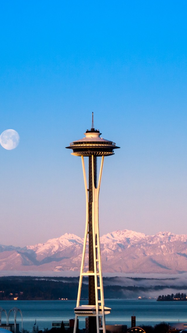 Seattle, tower, sunrise, sea, ocean, water, morning, moon, pink, clear, sky, mountain, travel, vacation (vertical)