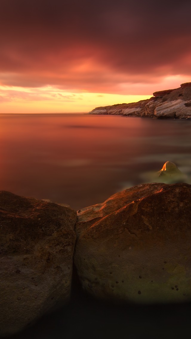 Sunset, 4k, HD wallpaper, rocks, sea, ocean, water, red, clouds, sky, sun (vertical)