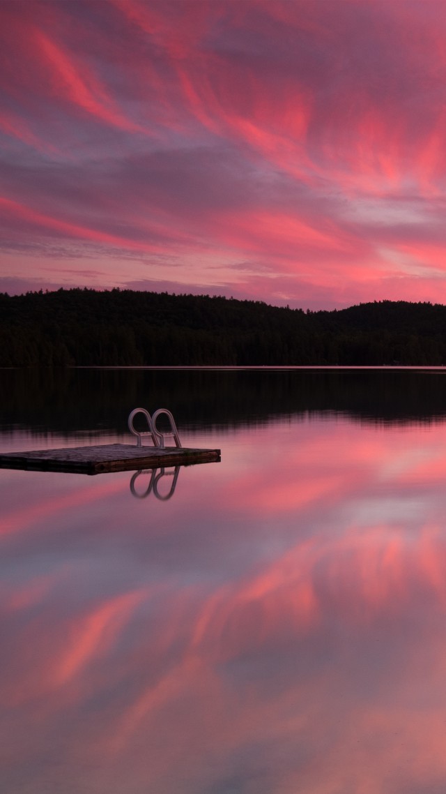 Lake, 4k, HD wallpaper, sea, pink sunset, sunrise, reflection, sky, clouds, water (vertical)