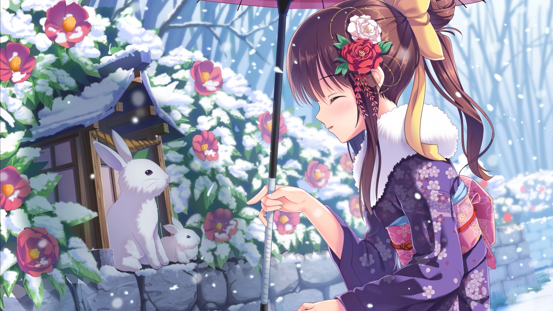 Wallpaper anime, girl, beauty, winter, rabbits, snow, 4k, Art #16659