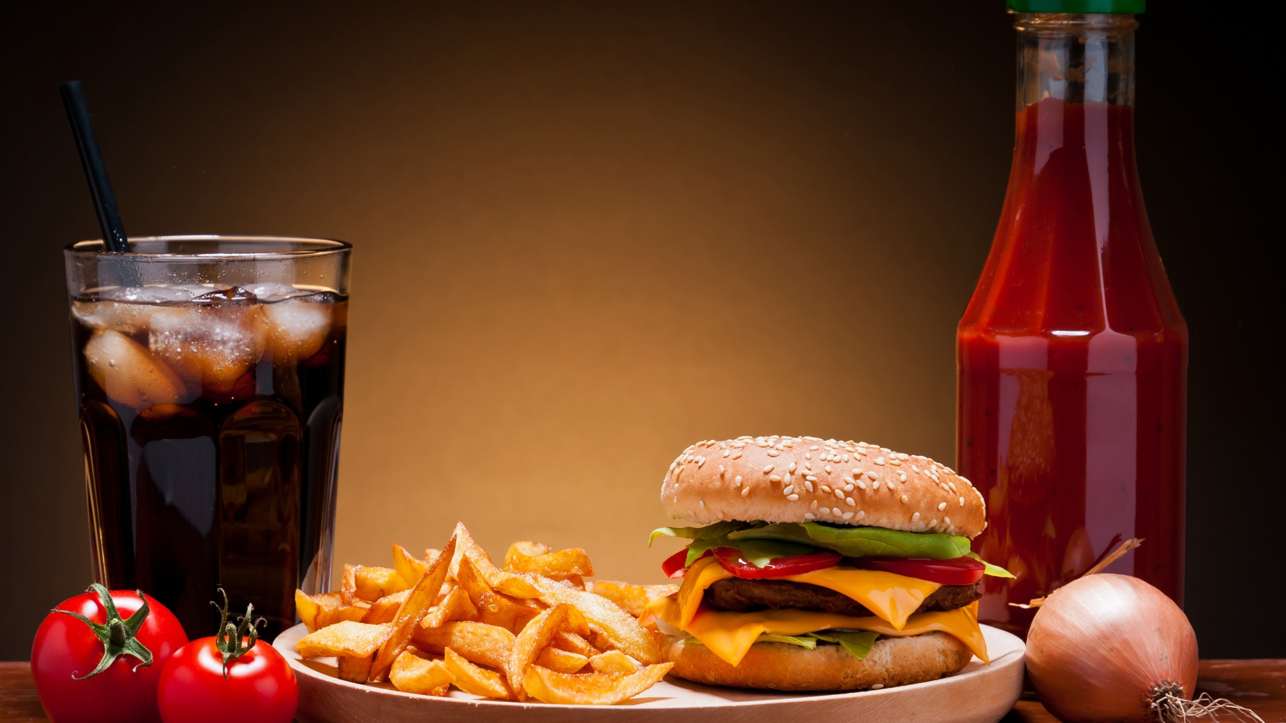 Wallpaper cheeseburger, fast food, french fries, cheese, steak, coca