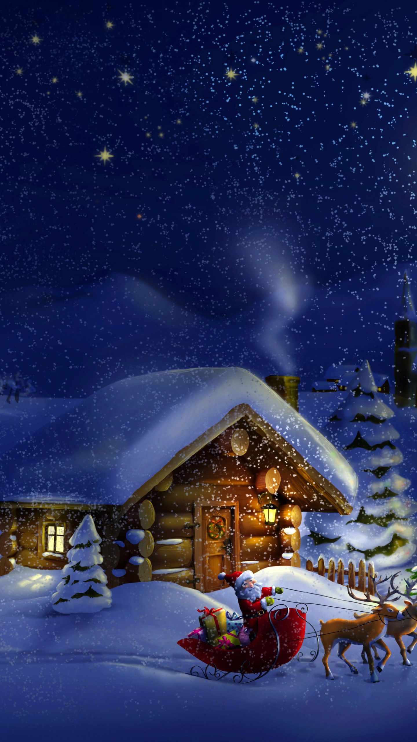 Wallpaper Christmas, New Year, Santa, deer, moon, night, winter, house