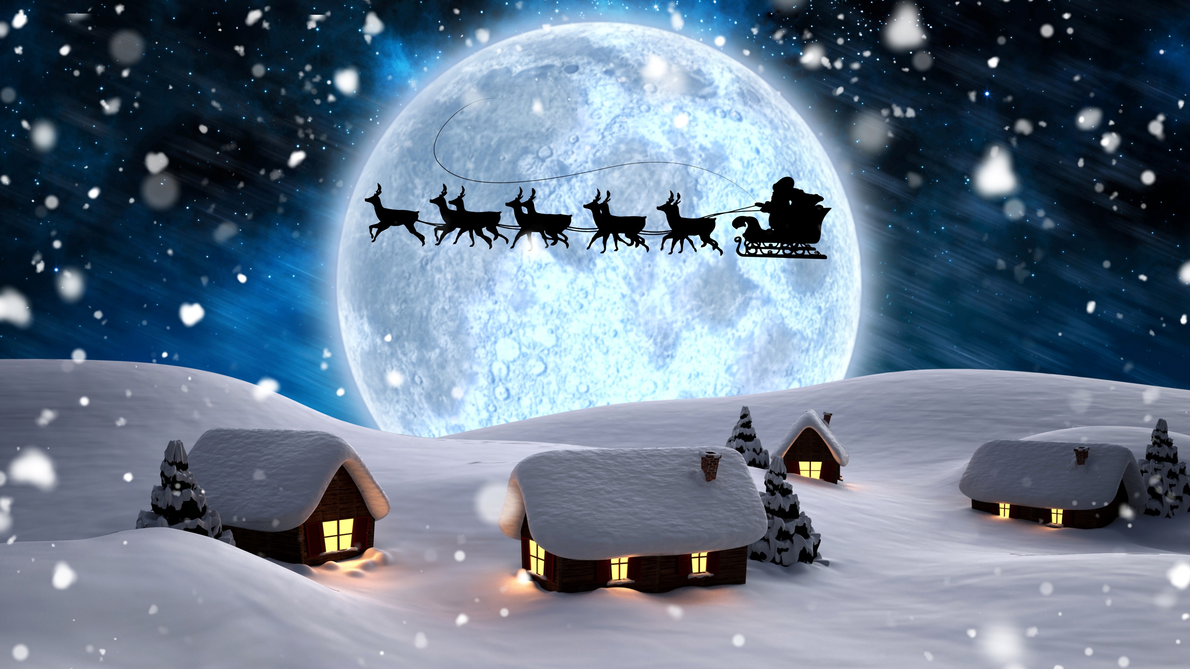 Wallpaper Christmas, New Year, Santa, deer, moon, night, winter, snow