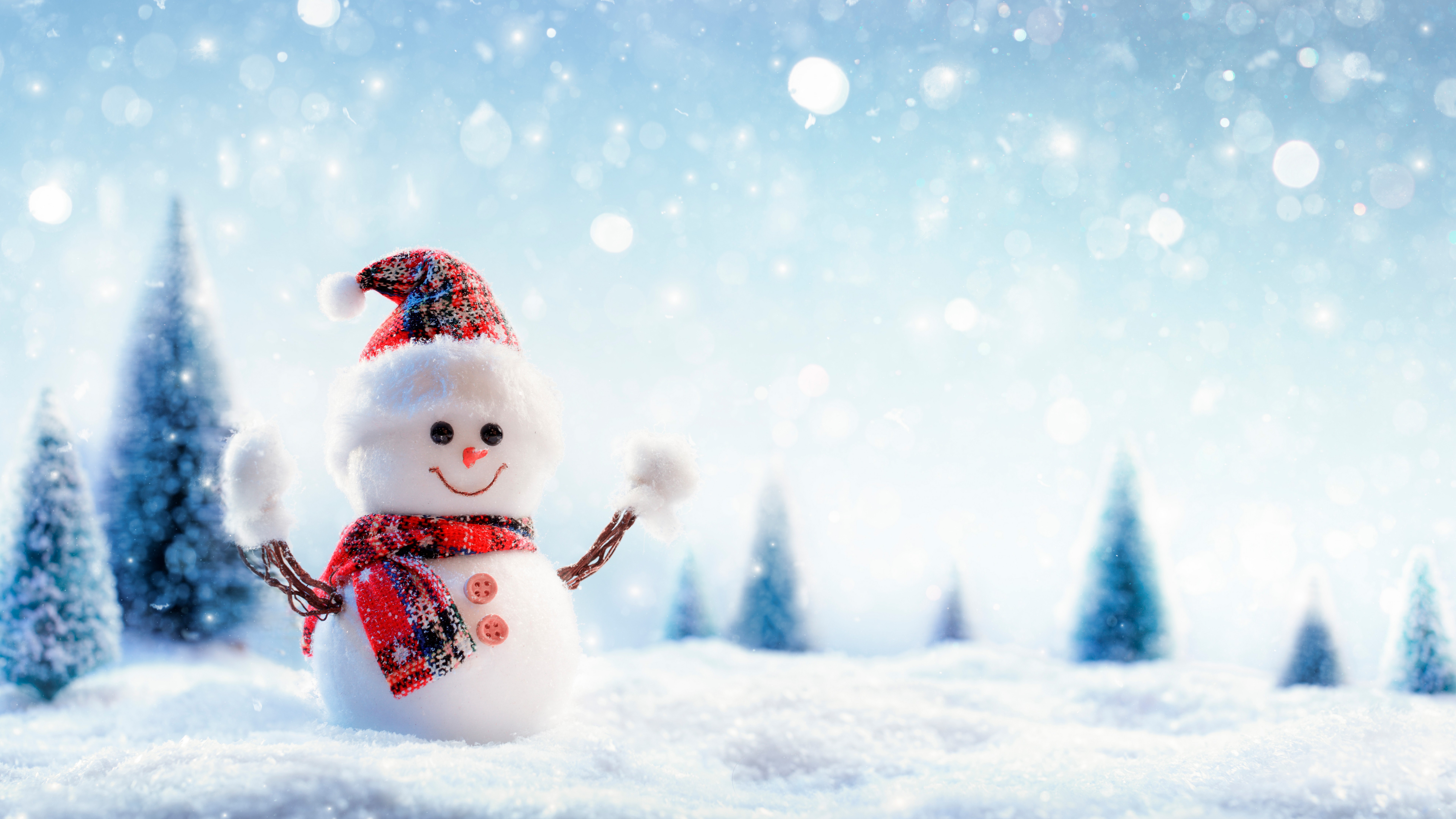Wallpaper Christmas tree gifts snowman winter snow starry night  5120x2880 UHD 5K Picture Image