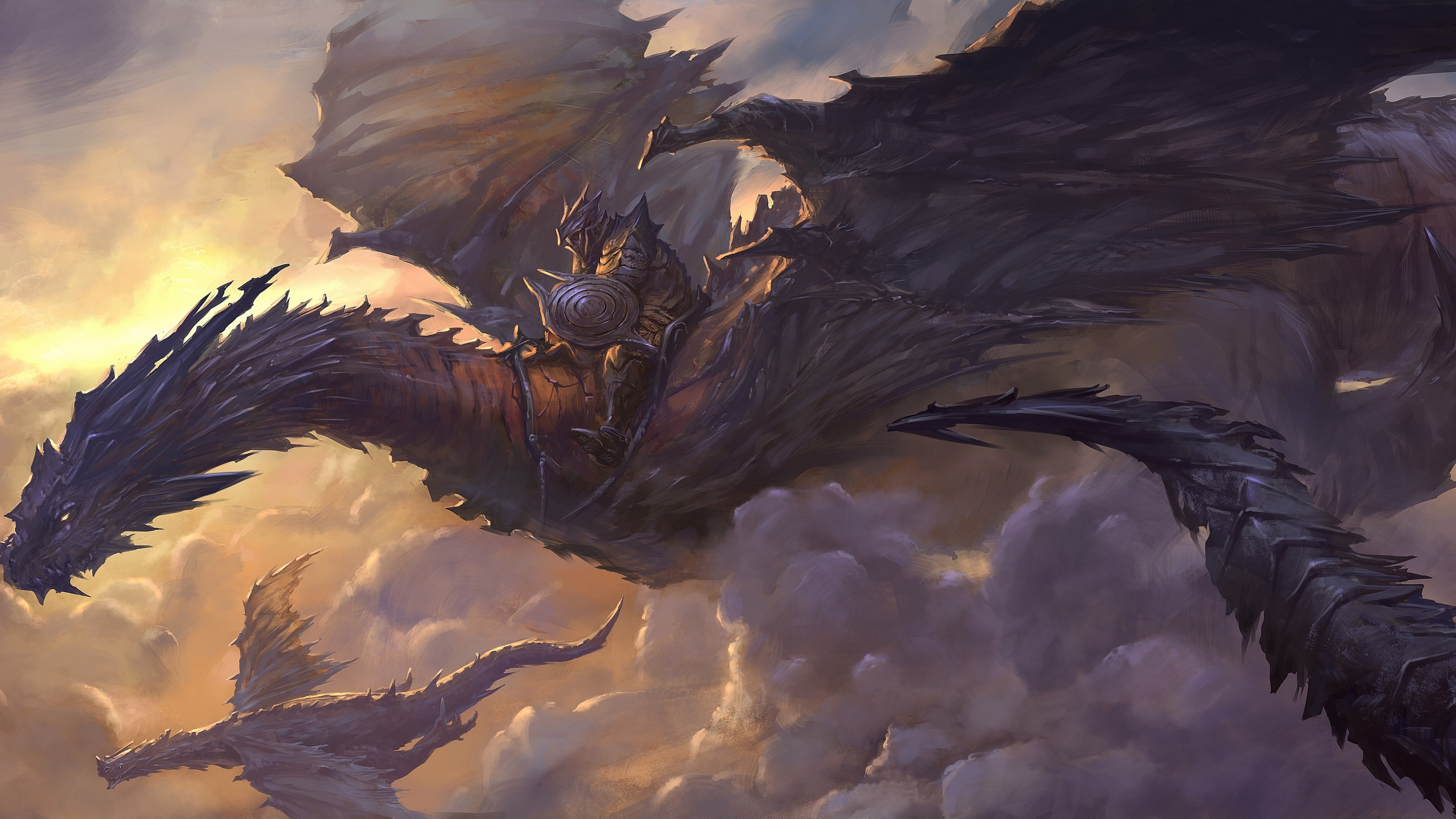 Wallpaper Dragon, sky, clouds, rider, armor, art, wings, black, fantasy