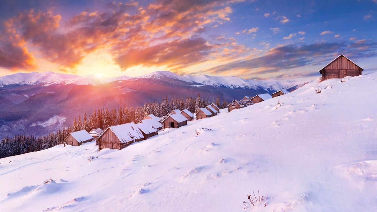 Wallpaper Mountains, 5k, 4k wallpaper, hills, sunset, snow, winter, house,  OS #5699