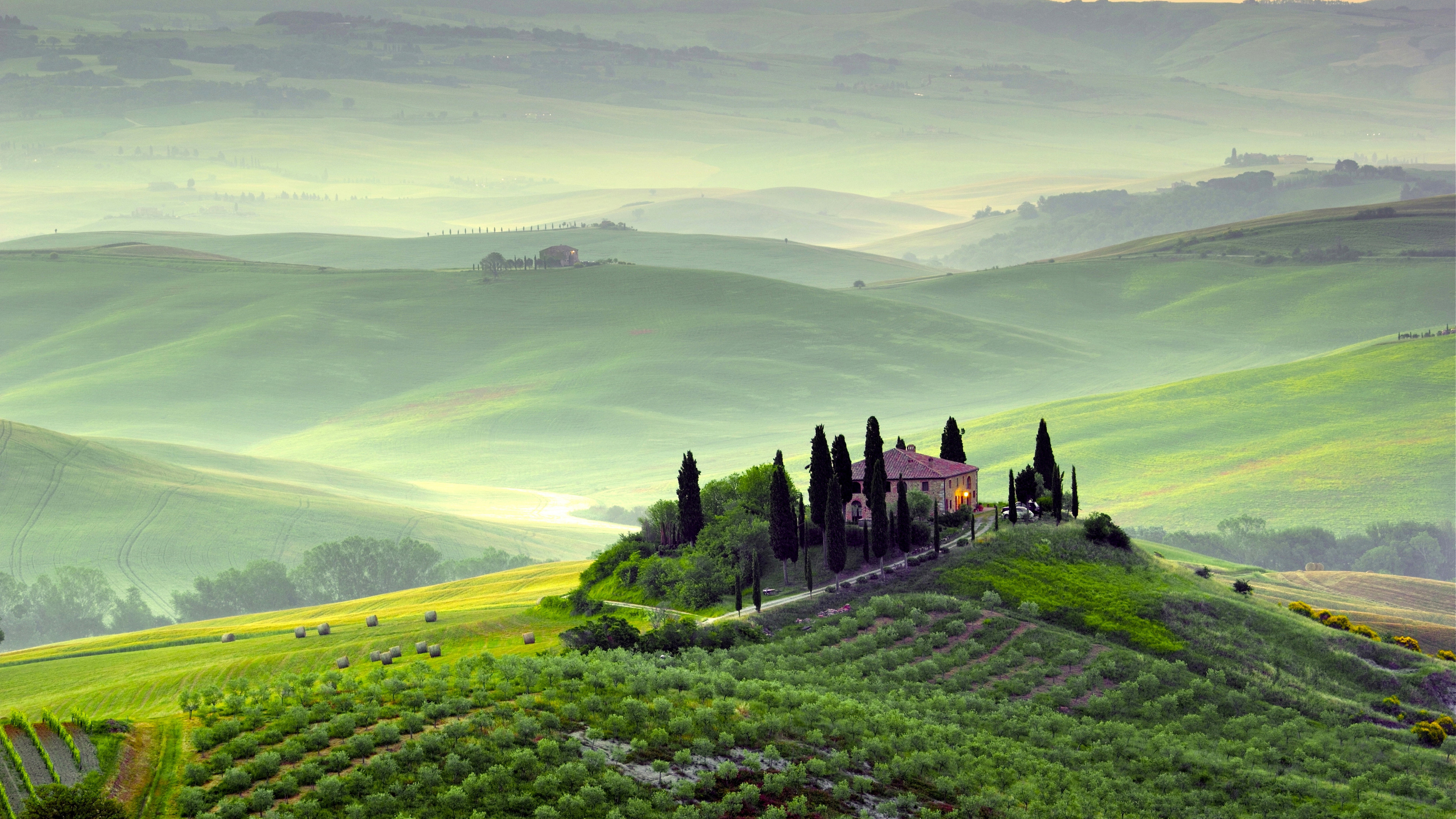 Wallpaper Tuscany, 4k, HD wallpaper, Italy, Hills, meadows, house, fog,  Nature #4888